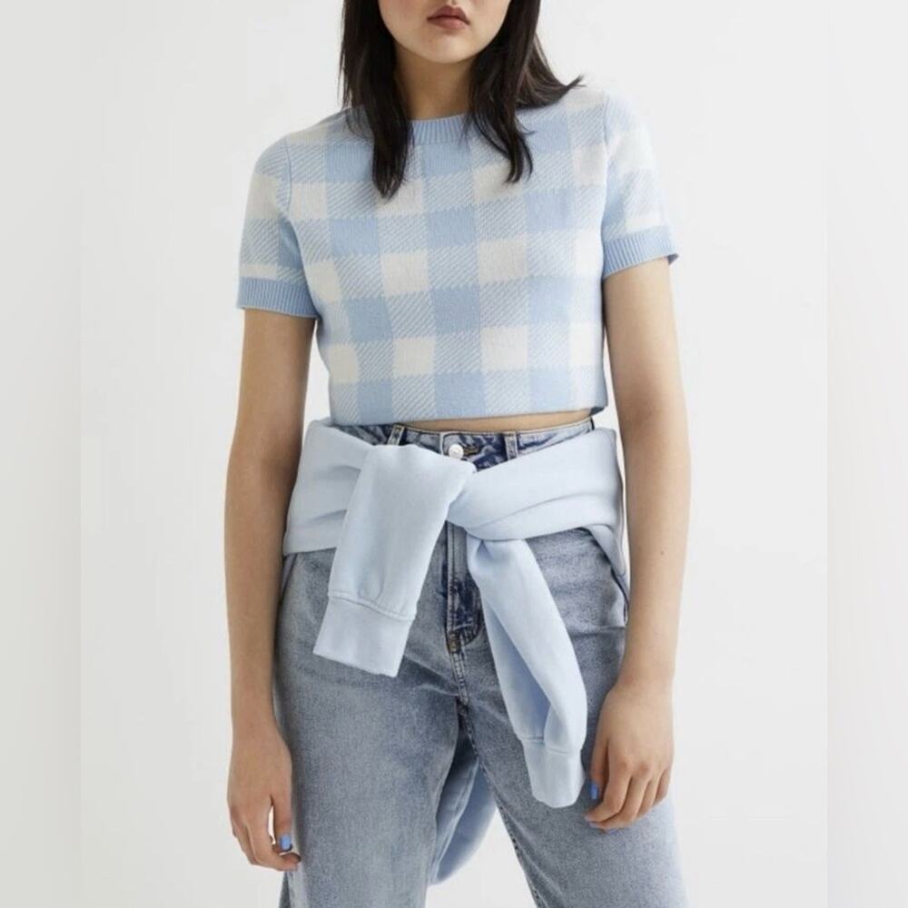 H&M Cropped Plaid Short Sleeve Knit Sweater Top Sz M - Picture 1 of 16